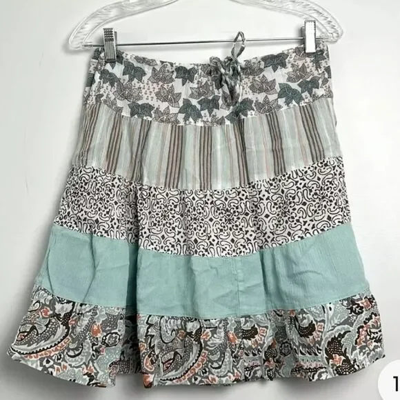 Columbia Spring Boho 100% Cotton Gauze Tiered Mini Skirt Blue Brown Size M - Picture 5 of 11